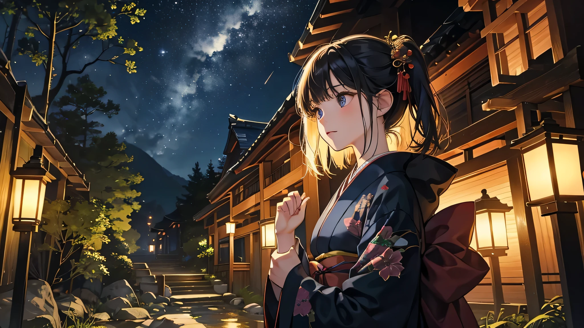 Japanese night、Deep in the forest、night、Firefly Light、A girl in a kimono points her palms towards the sky