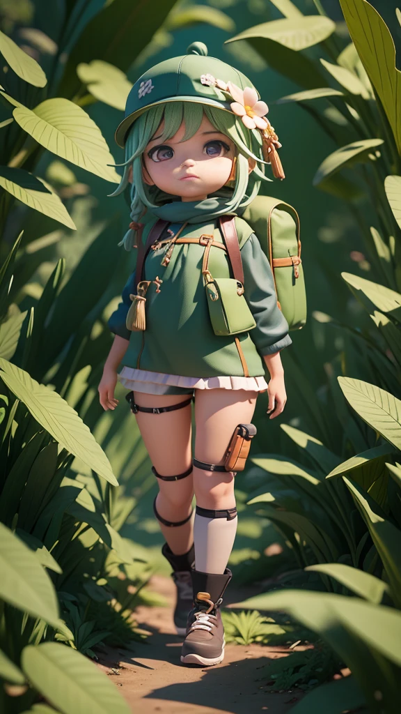 There is a poster of a cartoon character wearing a hat and a backpack., Female Explorer Mini Cute Girl, walking in a wilderness, Flower Jungle, Animation-style rendering, Cute 3D rendering, small character. Unreal Engine 5, Stylized anime, Cute and detailed digital art, Atei Gailan 8K, Stylized 3D rendering, Adventure surreal rendering, Anime style 3D, 3D rendering style