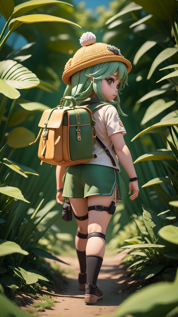 A cartoon character in a hat, female explorer mini cute girl, front face, spring wilderness, jungle of flowers, blooming flowers, long range shot, wide angle, animation style rendering, cute 3 D rendering, small characters. Unreal Engine 5, stylized anime, cute detailed digital art, Atey Ghailan 8 K, stylized 3D rendering, adventure surreal rendering, anime style 3D, 3D rendering stylized