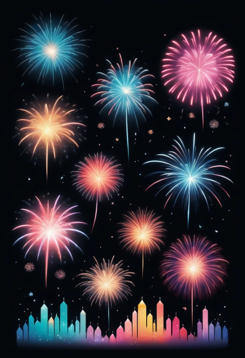 score_9, score_8_up, score_7_up, score_6_up, score_5_up, score_4_up, simple and cute, with simple and abstract characters, illustration style, 2.5D, delicate and dynamic depiction, solid black image, fireworks display with iridescent flashes, warm and gentle light effects, color effects of soft pastel colors and vivid colors