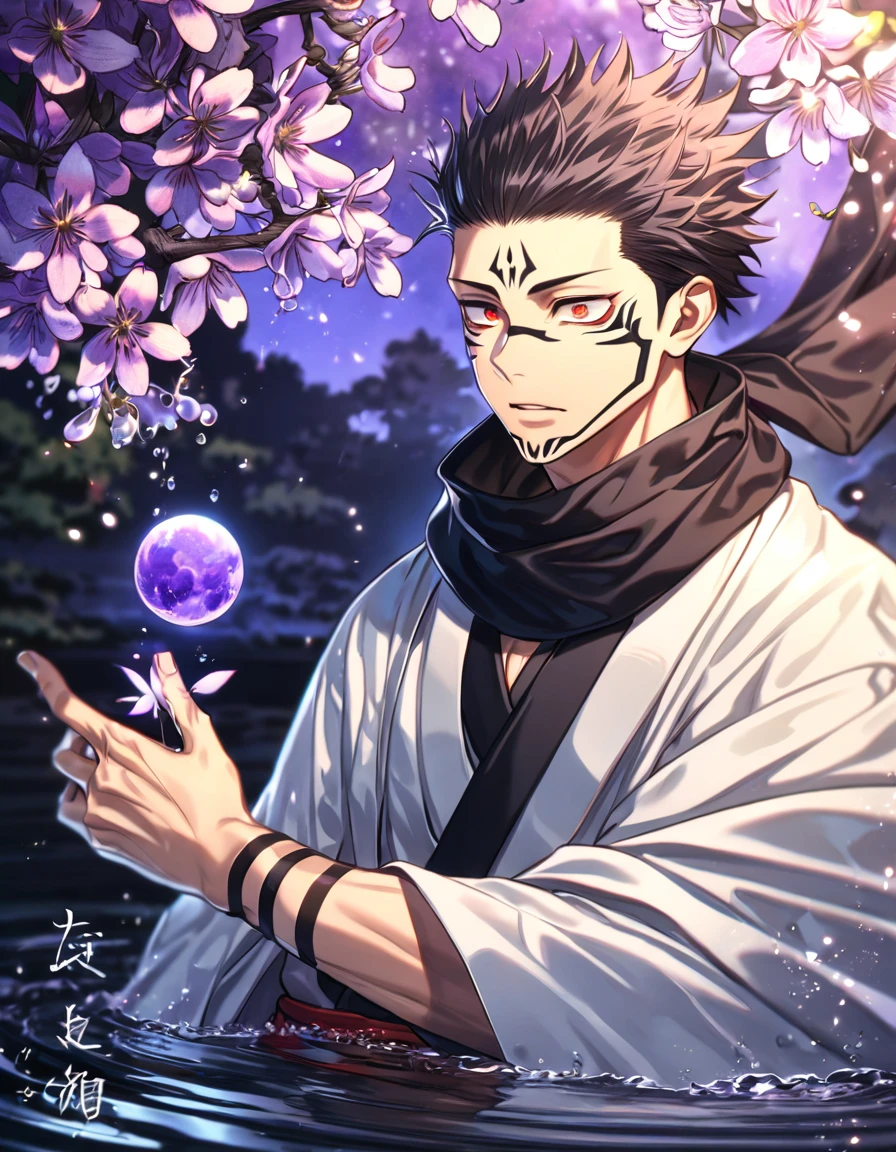 absurdres, highres, ultra detailed, HDR, masterpiece, best quality, Ryomen Sukuna, black hair, expressive red eyes, Jujutsu Kaisen, solo, sexy man, handsome, black scarf, white kimono, water, purple moon, purple blossoms, purple flowers, fantasy, fireflies, magical