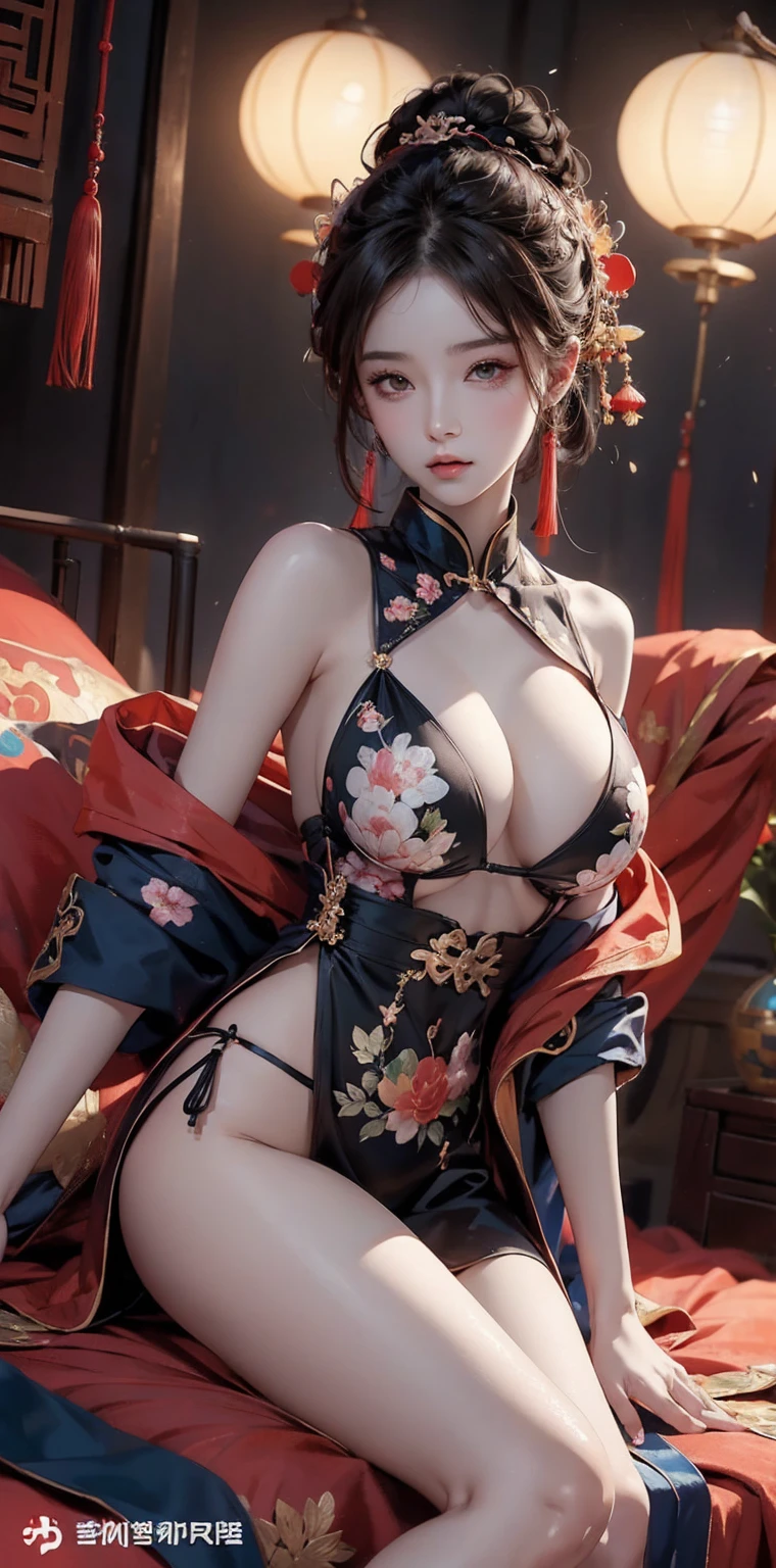 Ancient China woman, above waist，There is a flower tattoo on the bare back，Red and blue-green flowers, on the bed，ukiyo-style, Guviz-style artwork, Guviz, Alphonse mucha and rossdraws, A beautiful artwork illustration, By Li Song, by Yang J, author：Zou Zhe, By Zeng Jing, by Ye Xin, author：Shitao, author：Zhou Fang, korean art nouveau anime, huge breasts, 