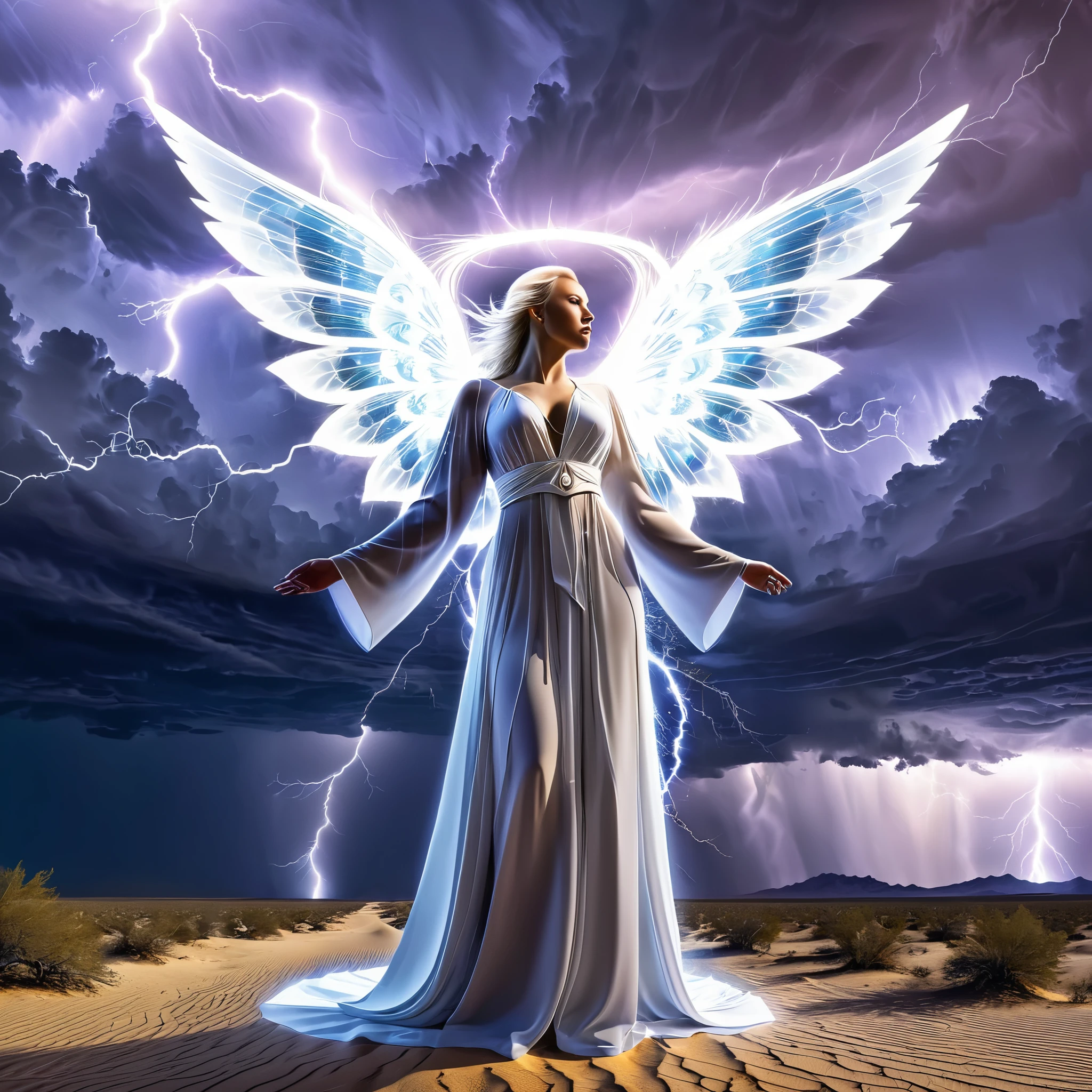 A surreal angel with fractal-patterned wings and robes, standing in an abstract desert with fractal storm clouds and surreal lightning.