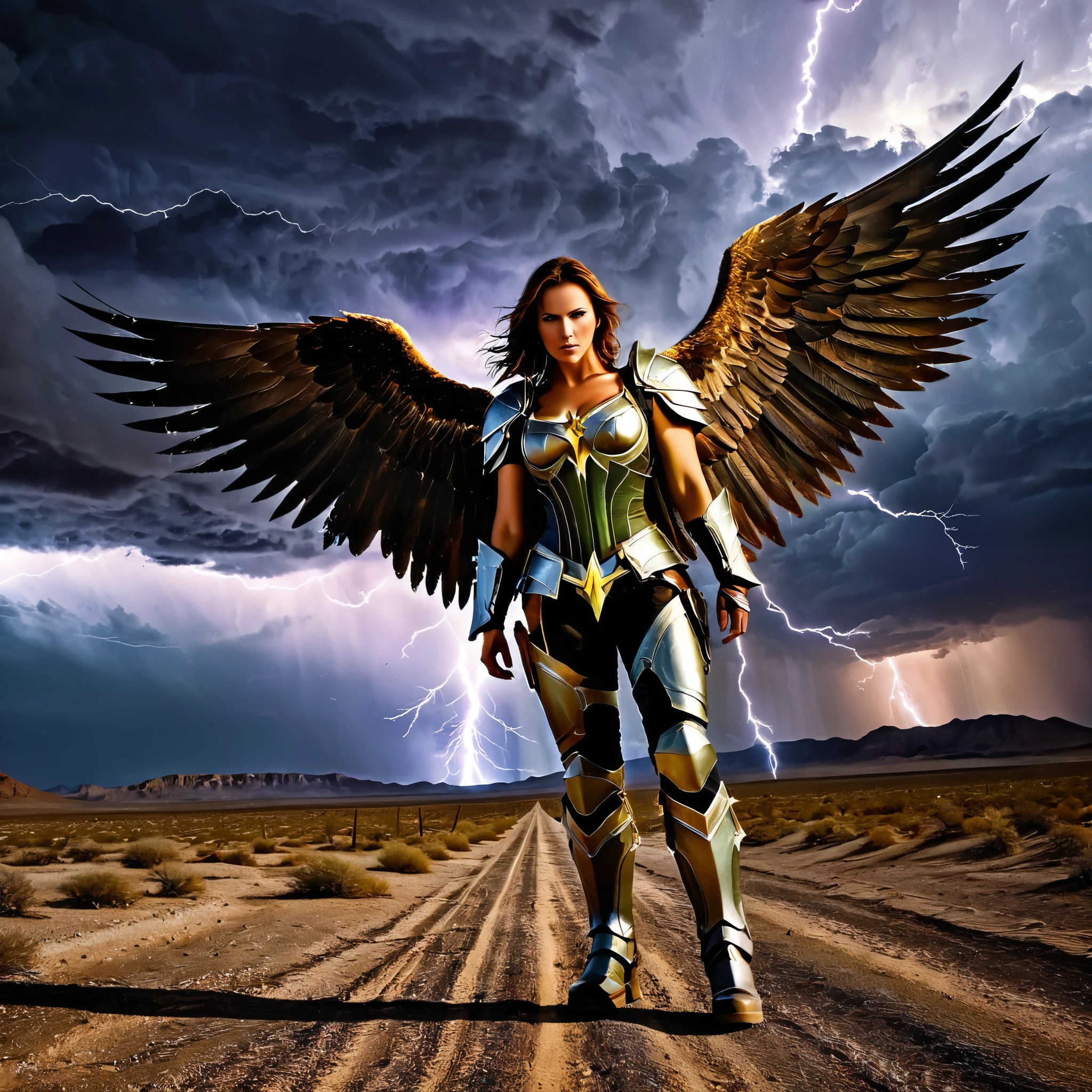 A fierce angel with rugged wings and battle-worn armor, standing in a desolate desert with apocalyptic storm clouds and radioactive lightning.