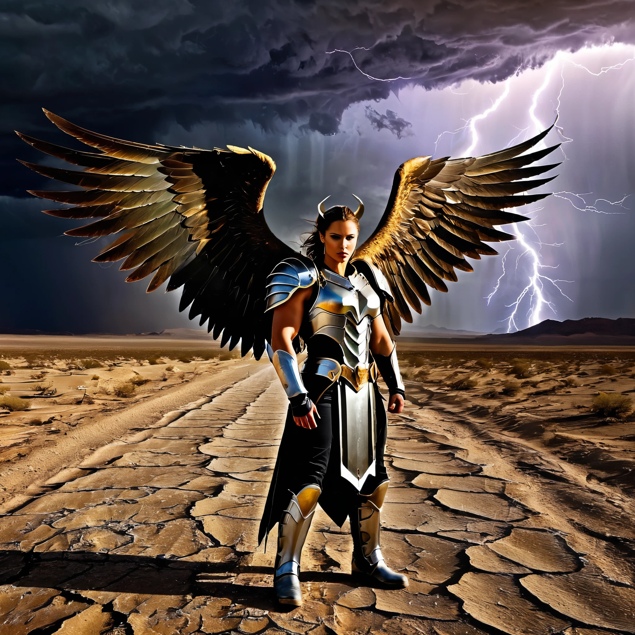 A fierce angel with rugged wings and battle-worn armor, standing in a desolate desert with apocalyptic storm clouds and radioactive lightning.