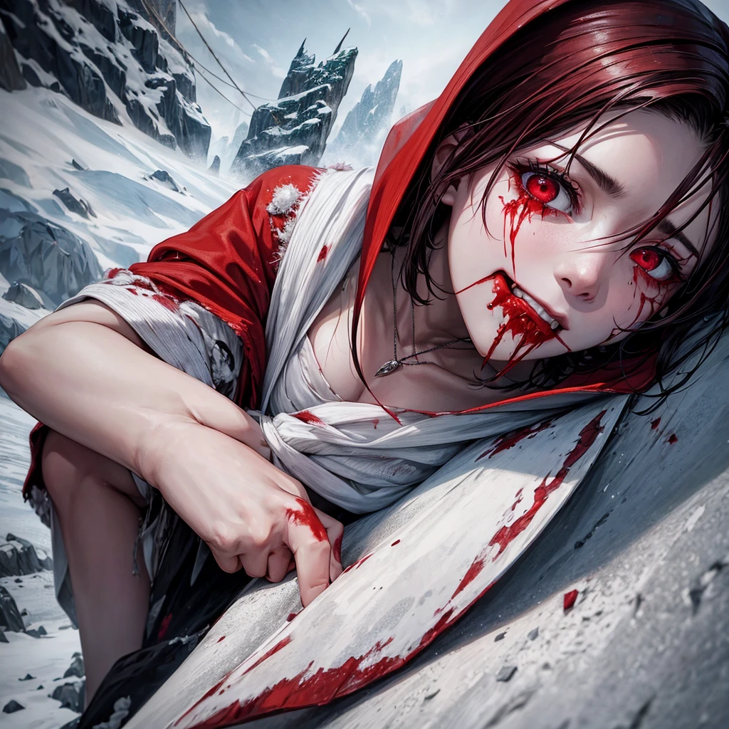 A woman with cuts on her skin and red in her eyes walking through the winter in a lonely mountain with torn clothes and blood marks in her mouth, feeling pain inside