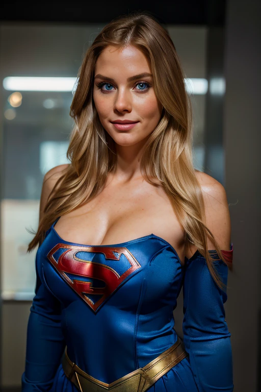 a beautiful woman, realistic model, fair skin, blonde hair, blue eyes, long hair, blue and red costume, supergirl, pretentious smile, urban city, office, detailed face, detailed eyes, detailed lips, detailed figure, highly detailed, photorealistic, superb quality, 8k, dramatic lighting, cinematic, intricate details, vivid colors, dynamic pose