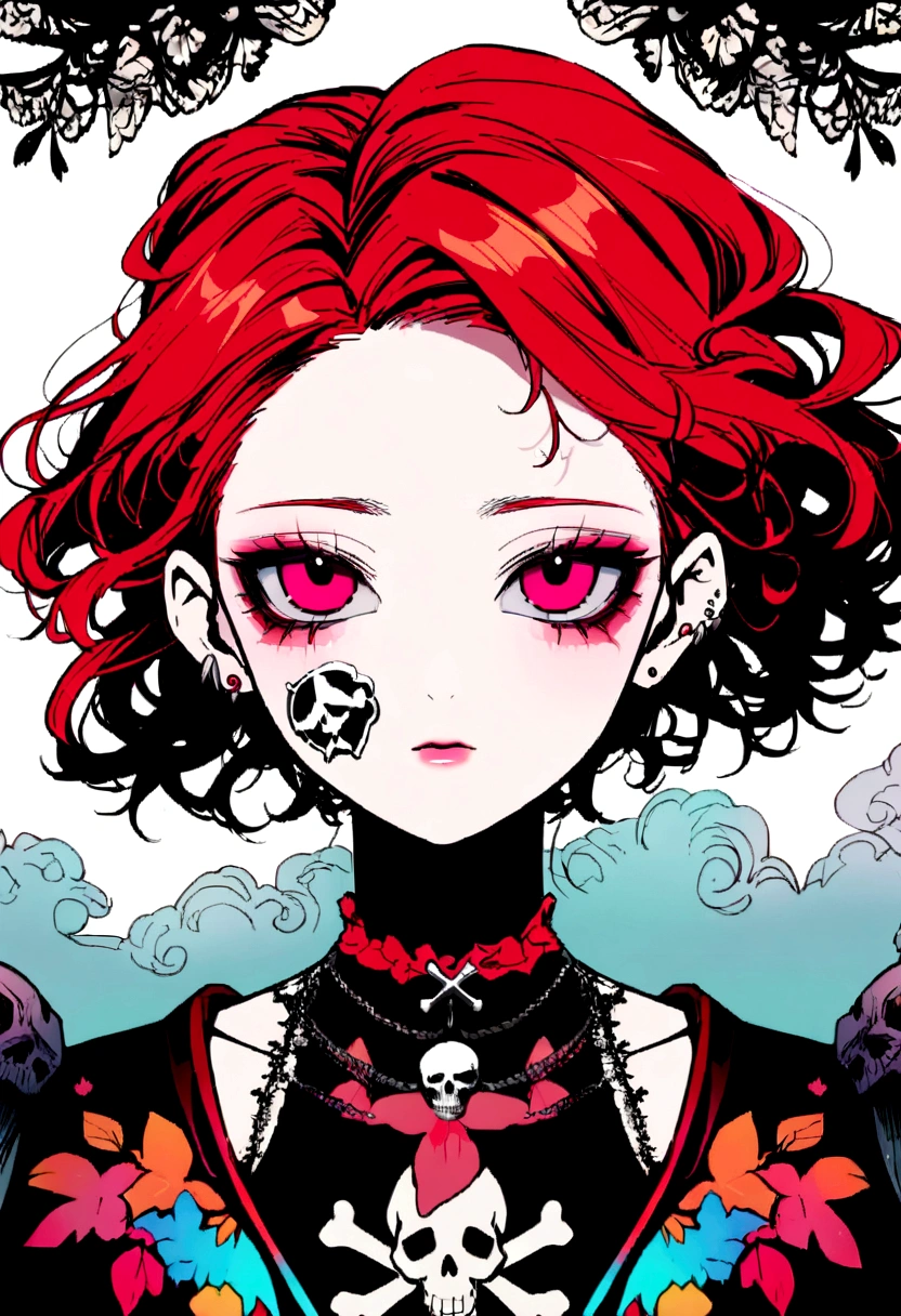 Red hair、Black feather、Gothic Punk、sit ,Anime boy design, Cross bones, skull, Streetwear Design, vector, Horror style, Complete Design, Only 6 colors, Solid Color, No shadow, Complete Design, sticker, Vibrant colors, White background.Super beautiful illustrations,(((Beautiful and delicate hair))),(((Beautiful and delicate face))),(((Beautiful and delicate background))),(((Beautiful and delicate hair))),(((Beautiful and delicate face))),(((Beautiful and delicate background))),midsummer、beachRed hair、Strabismus