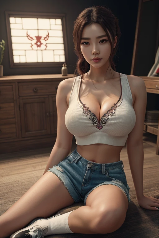 a beautiful detailed girl with a chinese devil theme, Tzuyu, beautiful detailed face, little smirk, large breasts, cleavage, wearing shorts, crop top, full body shot, shoes, socks, high quality, detailed, photorealistic, intricate, 8k, extremely detailed, masterpiece, realistic, professional, vivid colors, studio lighting, physically-based rendering