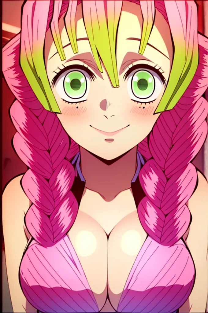 (masterpiece, best quality),  intricate details,
MitsuriKanroji,  kanroji mitsuri, 1girl, solo, long hair, winking, green eyes, pink hair, braid, green hair, twin braids, smile, cute smile, blushed smile, blush, blushing, large breast, huge breasts, bikini top, headshot, collarbone, neck, bare shoulders, pink bikini top, cleavage, top angle, shot from above, perfect shot, plain background, white background, photoshoot, complete head in frame, top of head, zoomed out, top of head, perfect shot, perfect framing, background 