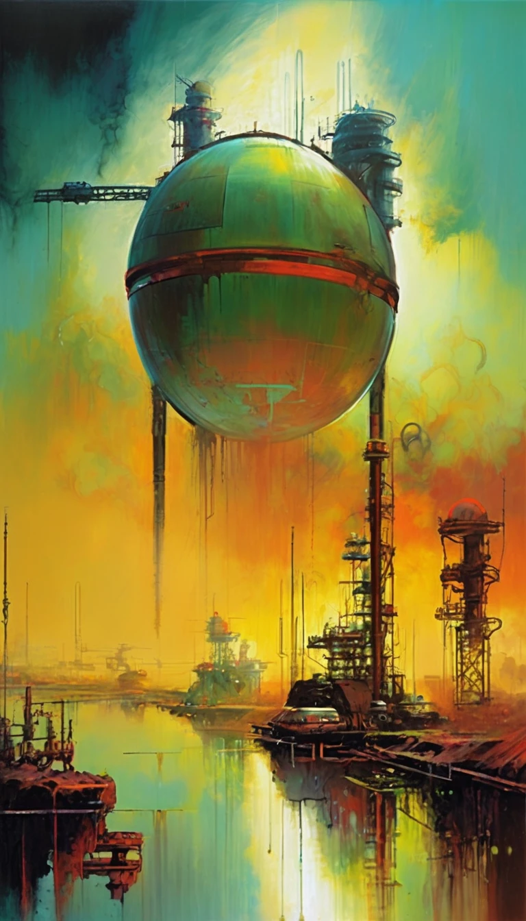 futuristic world, polluted world, robotic world, polluted water, polluted sky colors, industry, pollution, large landscape,,(art inspired by Bill Sienkiewicz ). oil painting)
