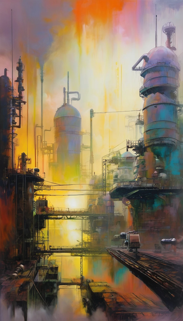 futuristic world, polluted world, robotic world, polluted water, polluted sky colors, industry, pollution, large landscape,,(art inspired by Bill Sienkiewicz ). oil painting)