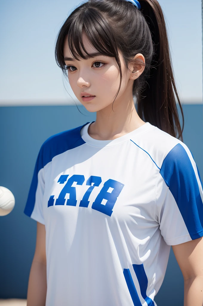 Create a sports t-shirt with blue and white colors, white on the shoulder