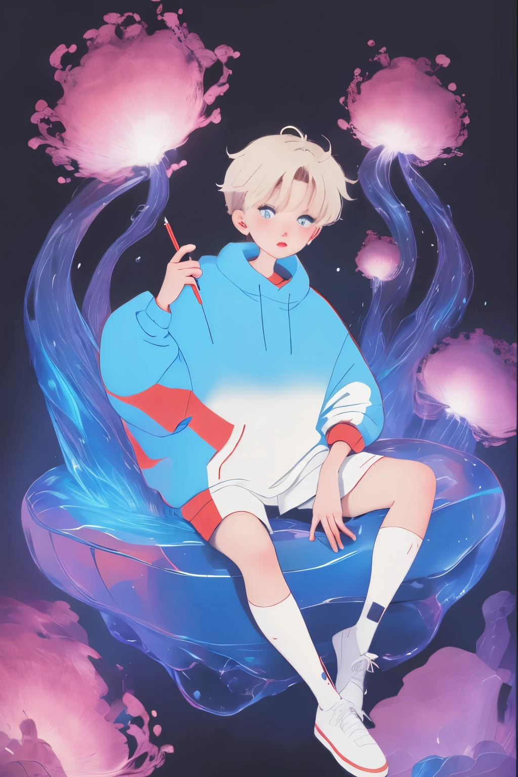 A boy sitting on a whale,Holding a notebook, Space Background,2d illustration, Clean and concise illustrations, simple cartoon style, Animation illustration style, john egbert, 2D digital illustration, Simple illustration