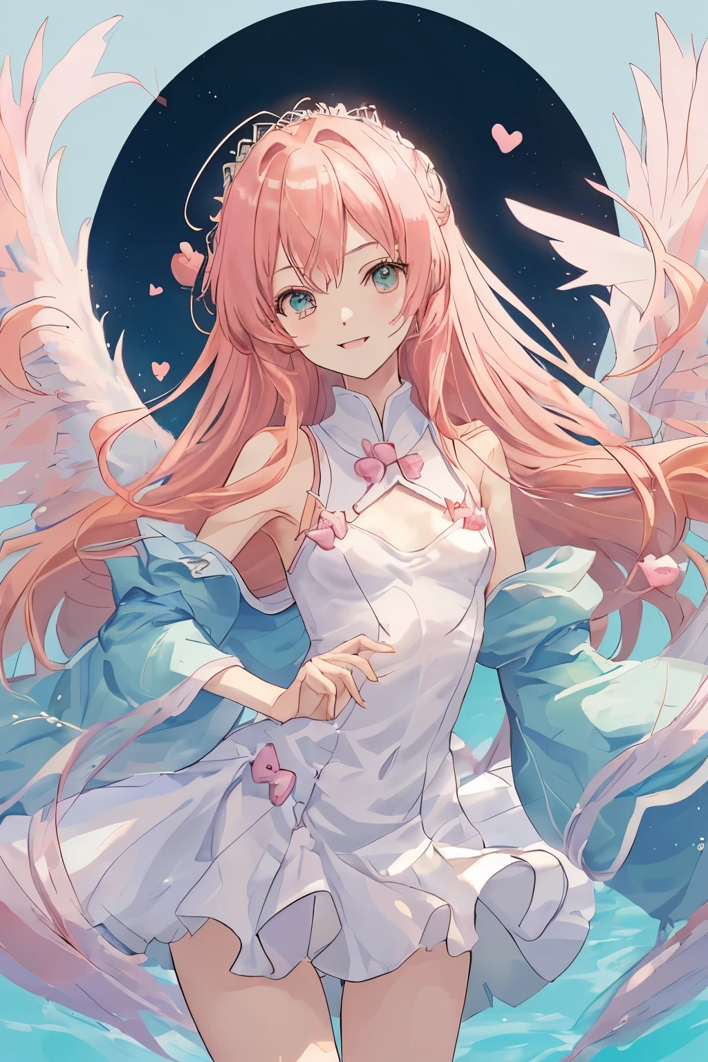 1_girl, (anime, kawai:2), (masterpeice, best_quality, simple, cute, dreamy, vibrant, clean:1.5), (cute, cute_smile, young:1.8), (delicate, beautiful, thin:1.5), (girlfriend, angel:1.6), (green_eyes, simple_eyes:1.5) (long_hair, blond_hair, wearing_pink_dress, pink_angel_wings, sexy_gloves:1.5), extremely_delicate, (love_magic:1.5), (age_size_fits_body), (small_thighs:1.3), (breasts), (eye_level:1.3), (heart_magic, love:1.5), 