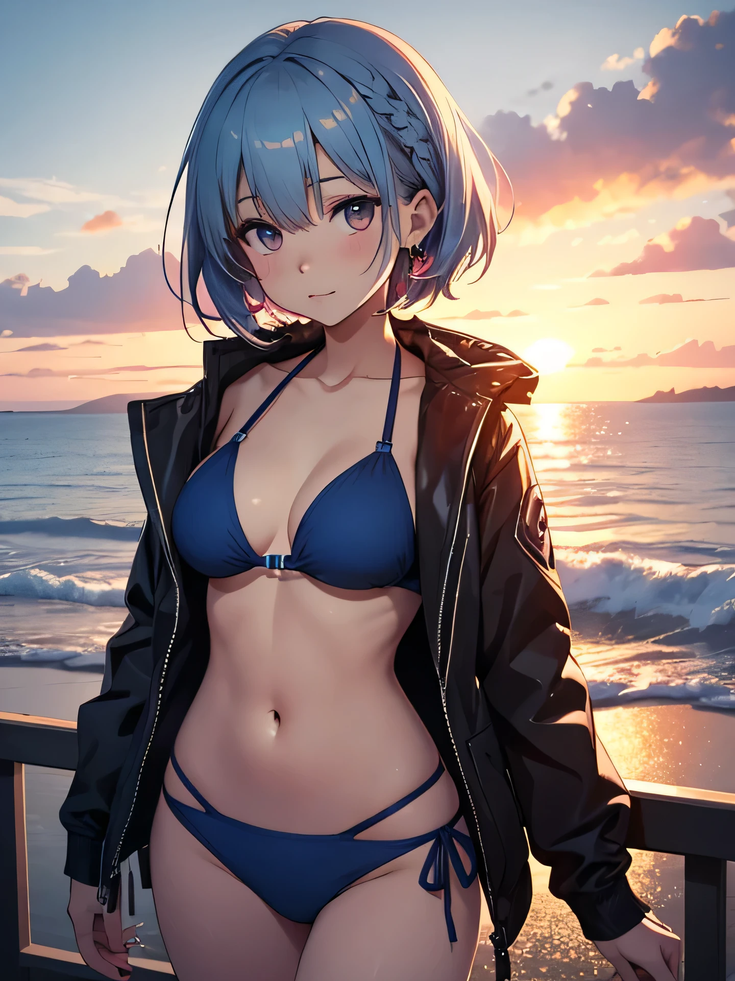 Anime Girl in a bikini and jacket posing for a picture, Animation by Shitao, Popular topics on pixiv, self-destructive art, seductive Anime Girl, Highest rated on pixiv, Short haired blue-haired woman, rogue Anime Girl ayanami rei, attractive Anime Girl, Popular on artstation pixiv, Anime Girl, 2b, 2b, Guvez
