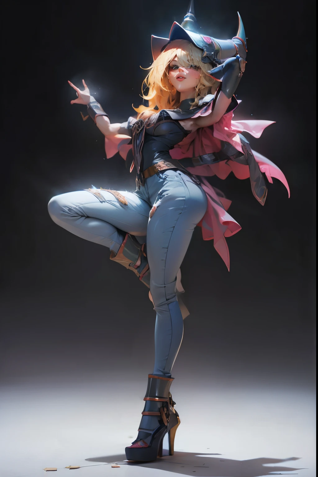Beautiful dark magician gils. She smiles in a sexy pose, smiles and is flirtatious. She is wearing dark, tight jeans and heels. Take full body. pose sexy.