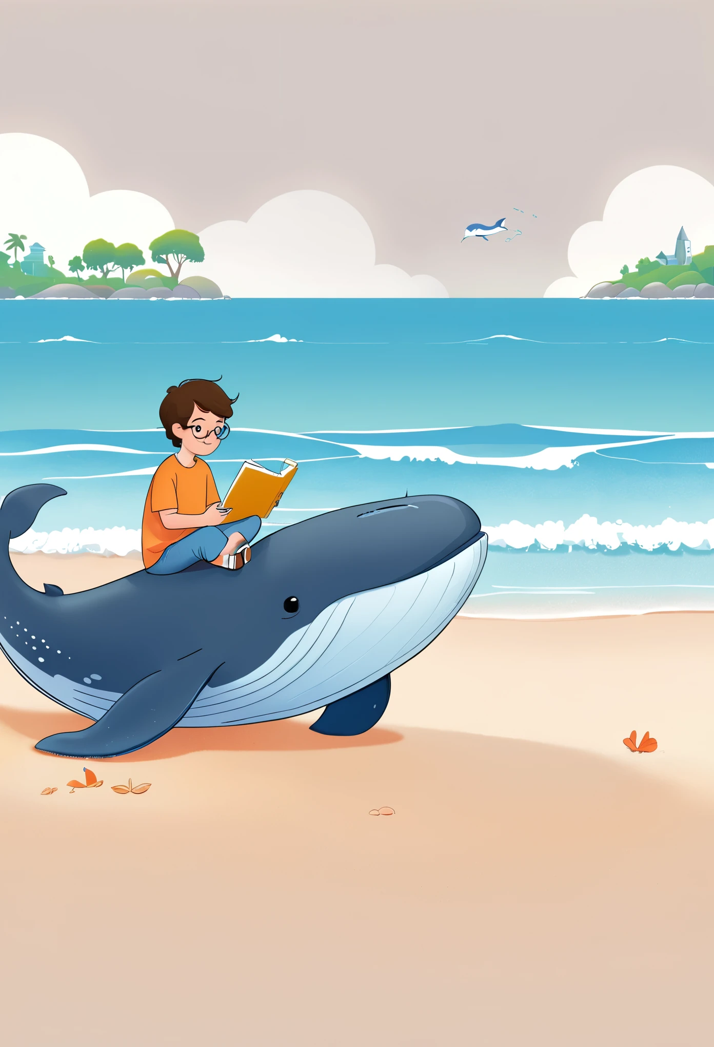 A boy sitting on the beach，Holding a notebook in hand，A cartoon of a whale next to it, 2d illustration, 2d illustration, detailed 2d illustration, Clean and concise illustrations, Website Avatar, simple cartoon style, digital 2d illustration, 2D mask illustration, 2. 5D Illustration, Animation illustration style, john egbert, 2D digital illustration, Simple illustration