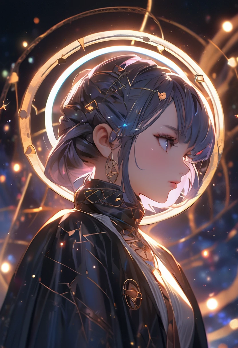  thinking , black splarpunk robe , masterpiece , cloudly night full stars , solarpunk robe , 1girl , soft light , magic rune mark , magic cirlce , close up , beauty