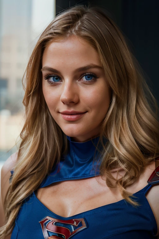 a beautiful woman, realistic model, fair skin, blonde hair, blue eyes, long hair, blue and red costume, supergirl, pretentious smile, urban city, office, detailed face, detailed eyes, detailed lips, detailed figure, highly detailed, photorealistic, superb quality, 8k, dramatic lighting, cinematic, intricate details, vivid colors, dynamic pose