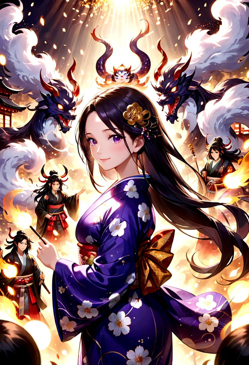 A beautiful girl in a japanese kimono, dark long hair, amethyst sparkling eyes, smiling, behind her a vast army of diverse yokai spirits, powerful commanding presence, shrouded in smoke, bokeh effect, masterpiece, best quality, 8k, ultra-detailed, highly realistic, professional photography, vivid colors, cinematic lighting