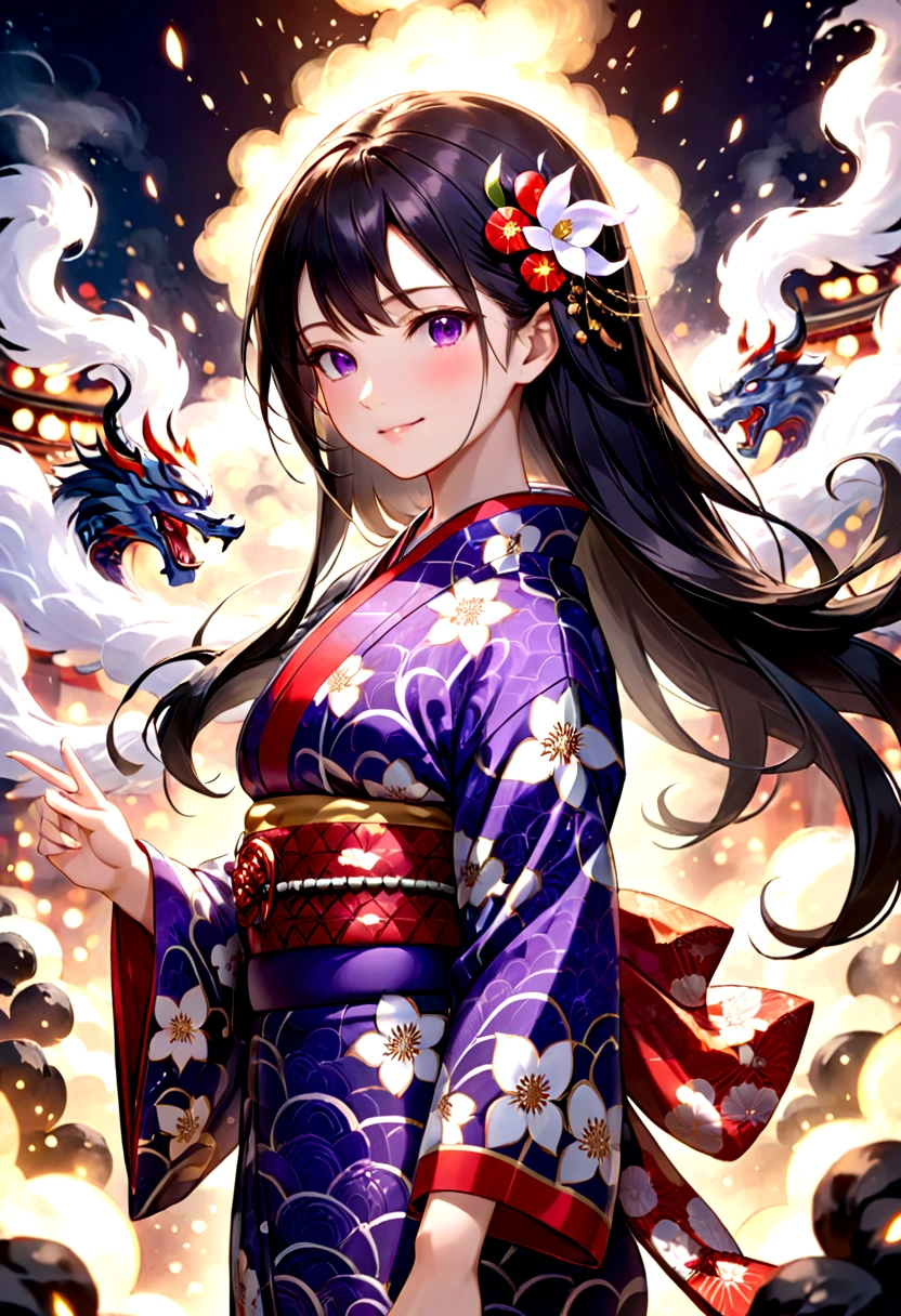 A beautiful girl in a japanese kimono, dark long hair, amethyst sparkling eyes, smiling, behind her a vast army of diverse yokai spirits, powerful commanding presence, shrouded in smoke, bokeh effect, masterpiece, best quality, 8k, ultra-detailed, highly realistic, professional photography, vivid colors, cinematic lighting