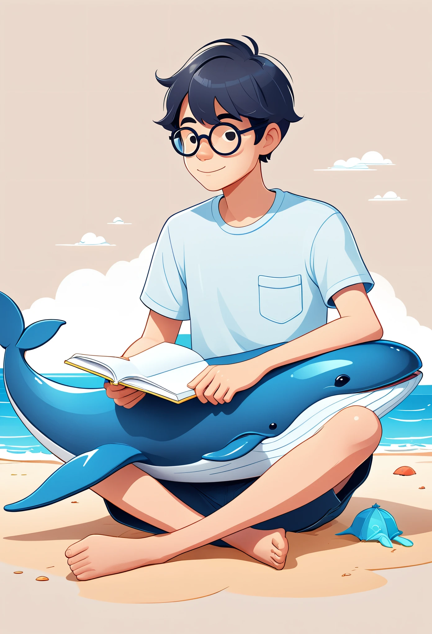 A boy sitting on the beach,Holding a notebook in hand,A cartoon of a whale next to it, 2d illustration, 2d illustration, detailed 2d illustration, Clean and concise illustrations, Website Avatar, simple cartoon style, digital 2d illustration, 2D mask illustration, 2. 5D Illustration, Animation illustration style, john egbert, 2D digital illustration, Simple illustration
