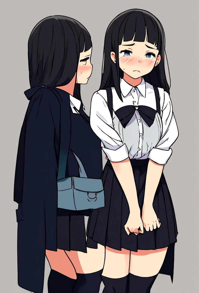 girl with raised skirt, covering up, with upset face, big legs, dressed as a