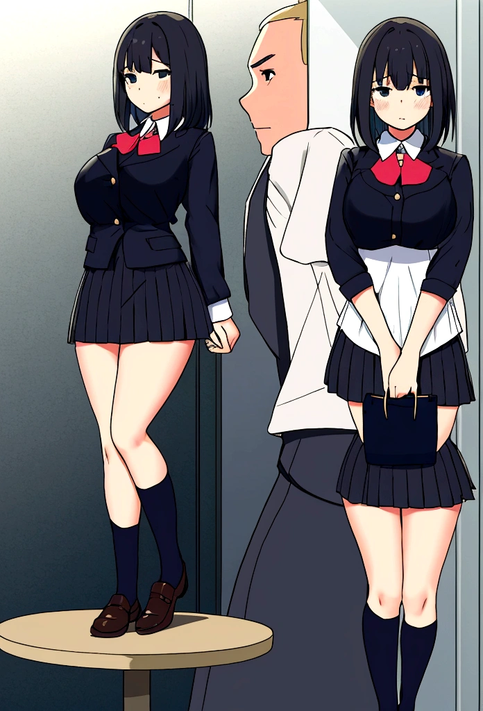 girl with raised skirt, covering up, with upset face, big legs, dressed as a