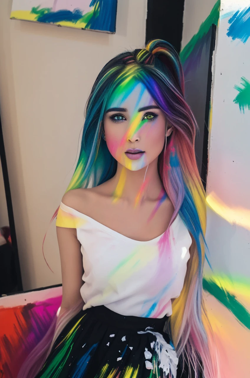 (Pink Fashion T-shirt:1.9),(Colorful hair: 1.8), (all the colours of the rainbow: 1.8),(((((vertical painting:1.6))), (painting:1.6),front, comics, illustrations, paintings, large eyes, crystal clear eyes,( rainbow color gradient high ponytail:1.7), exquisite makeup, closed mouth,(Small Fresh: 1.5),(Wipe Chest: 1.6) ,long eyelashes, white off shoulder T-shirt, White Shoulder Shirt,looking at the audience, large watery eyes, (rainbow colored hair:1.6), color splash, (solo:1.8), color splash, color explosion, thick paint style, messy lines, ((shining)),(colorful), (colorful), (colorful), colorful, Thick Paint Style, (Splash) (Color Splash), Vertical Painting, Upper Body, Paint Splash, Acrylic Pigment, Gradient, Paint, Highest Image Quality, Highest Quality, Masterpiece, Solo, Depth of Field, Face Paint, colorful clothes, (Elegant: 1.2), gorgeous,long hair, wind, (Elegant: 1.3), (Petals: 1.4),(((masterpiece))),(((best quality))),((ultra-detailed)),(illustration),(dynamic angle),((floating)),(paint),((disheveled hair)),(solo),(1girl) , (((detailed anima face))),((beautiful detailed face)),collar,bare shoulders,white hair, ((colorful hair)),((streaked hair)),beautiful detailed eyes,(Gradient color eyes),(((colorful eyes))),(((colorful background))),(((high saturation))),(((surrounded by colorful splashes))),