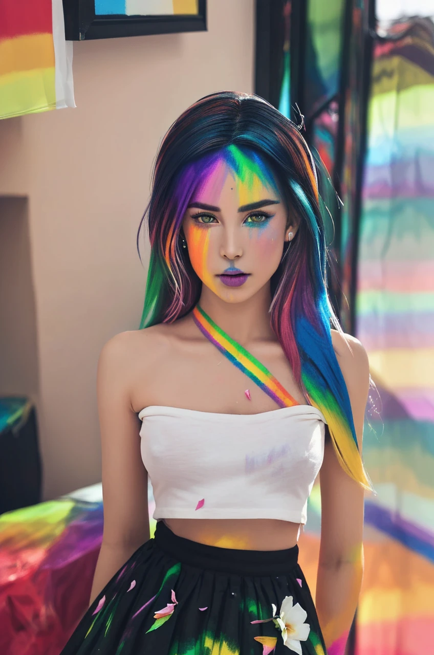 （Pink Fashion T-shirt：1.9），(Colorful hair: 1.8), (all the colours of the rainbow: 1.8),(((((vertical painting：1.6))), （painting：1.6），front, comics, illustrations, paintings, large eyes, crystal clear eyes,（ rainbow color gradient high ponytail：1.7）, exquisite makeup, closed mouth,(Small Fresh: 1.5),(Wipe Chest: 1.6) ，long eyelashes, white off shoulder T-shirt, White Shoulder Shirt，looking at the audience, large watery eyes, (rainbow colored hair：1.6), color splash, （solo：1.8）, color splash, color explosion, thick paint style, messy lines, ((shining))，(colorful), (colorful), (colorful), colorful, Thick Paint Style, (Splash) (Color Splash), Vertical Painting, Upper Body, Paint Splash, Acrylic Pigment, Gradient, Paint, Highest Image Quality, Highest Quality, Masterpiece, Solo, Depth of Field, Face Paint, colorful clothes, (Elegant: 1.2), gorgeous,long hair, wind, (Elegant: 1.3), (Petals: 1.4)，(((masterpiece))),(((best quality))),((ultra-detailed)),(illustration),(dynamic angle),((floating)),(paint),((disheveled hair)),(solo),(1girl) , (((detailed anima face))),((beautiful detailed face)),collar,bare shoulders,white hair, ((colorful hair)),((streaked hair)),beautiful detailed eyes,(Gradient color eyes),(((colorful eyes))),(((colorful background))),(((high saturation))),(((surrounded by colorful splashes))),