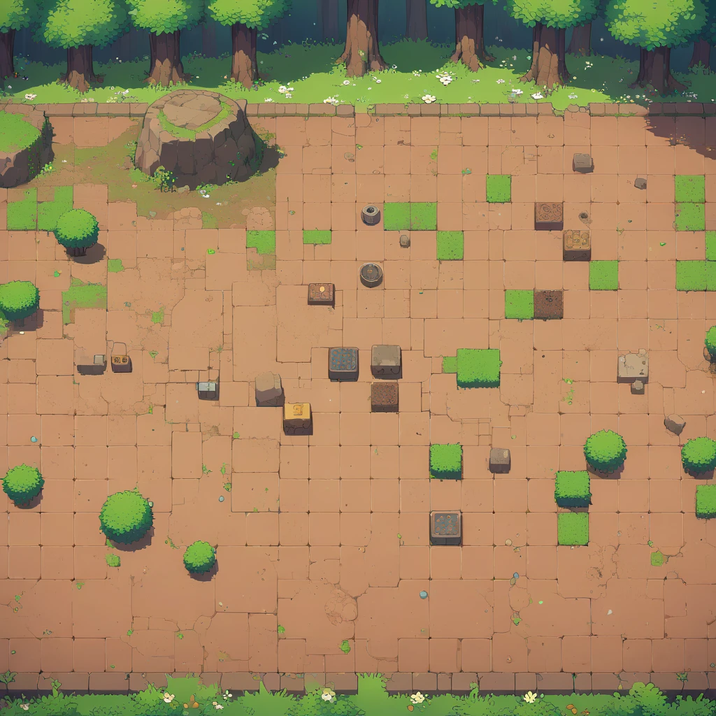 retro video game style,pixelated pastel colors,8-bit characters,blocky shapes,sharp lines,detailed shading,classic gaming vibe,nostalgic atmosphere,classic arcade games,masterpiece:1.2,ultra-detailed,illustration style, 2d texture, clay texture, stone texture, 4 k seamless mud texture, video game texture, dirt texture, tileset, game tiles, clay material, flat texture, grass, trees, rock texture, rocky ground, forest, topdown view, game texture, game art, ground very detailed, dirt, floor texture, tileable texture, flowers, bushes, shrubs, intricate ground stone, top down view, 3/4th perspective