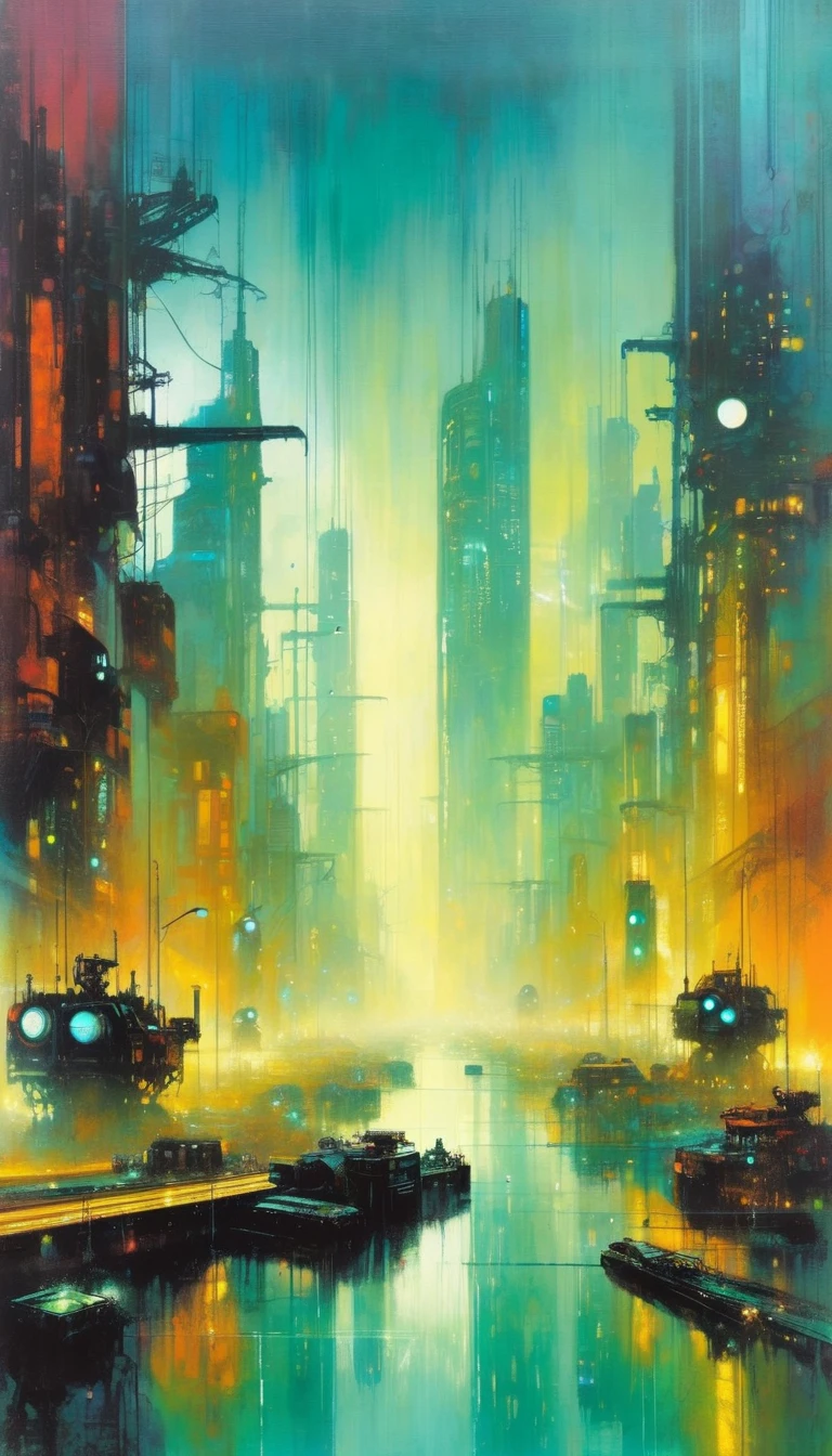 futuristic city, polluted world, robotic world, polluted water, polluted sky colors, industry, pollution, large landscape,,(art inspired by Bill Sienkiewicz ). oil painting)