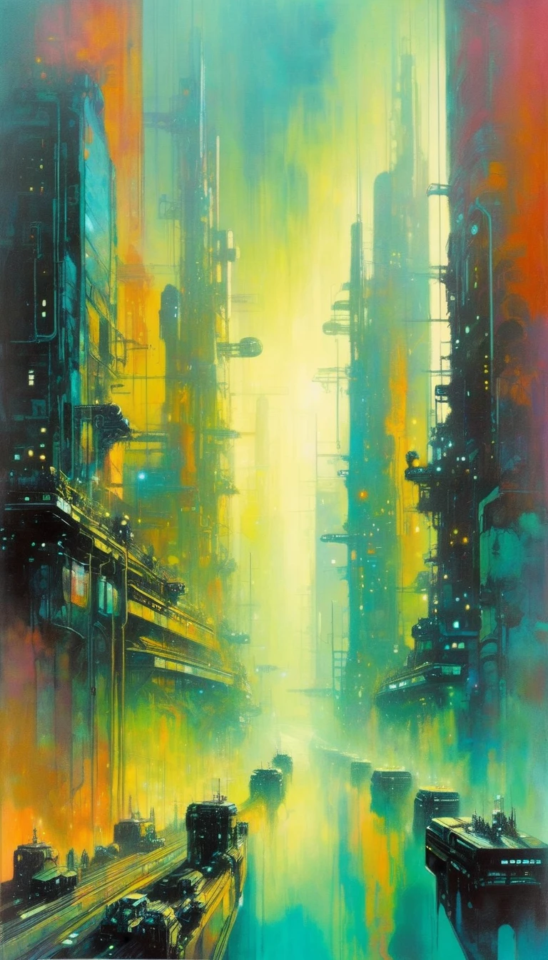 futuristic city, polluted world, robotic world, polluted water, polluted sky colors, industry, pollution, large landscape,,(art inspired by Bill Sienkiewicz ). oil painting)
