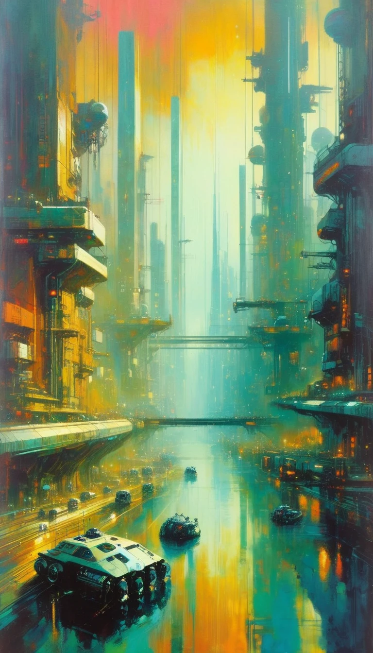futuristic city, polluted world, robotic world, polluted water, polluted sky colors, industry, pollution, large landscape,,(art inspired by Bill Sienkiewicz ). oil painting)
