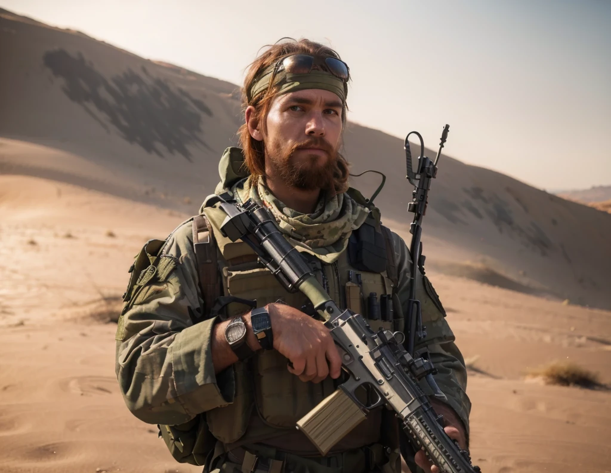 male soldier, British face, rough expression, natural red hair, wears an olive green bandana, black glasses on his forehead, desert-colored military uniform, bulletproof vest, knife, machine gun, is in a highly realistic desert, 4k, Ultra detailed image, realistic , Highly detailed, perfect composition, gorgeous, Intricately detailed, incredibly detailed, Art photography 8K, hyper detailed, Masterpiece, Ultra detailed, hyper realistic, 4k, Ultra detailed image, realistic, Highly detailed, perfect composition, beautiful, intricately detailed, incredibly detailed, art photography 8k, hyper detailed, masterpiece