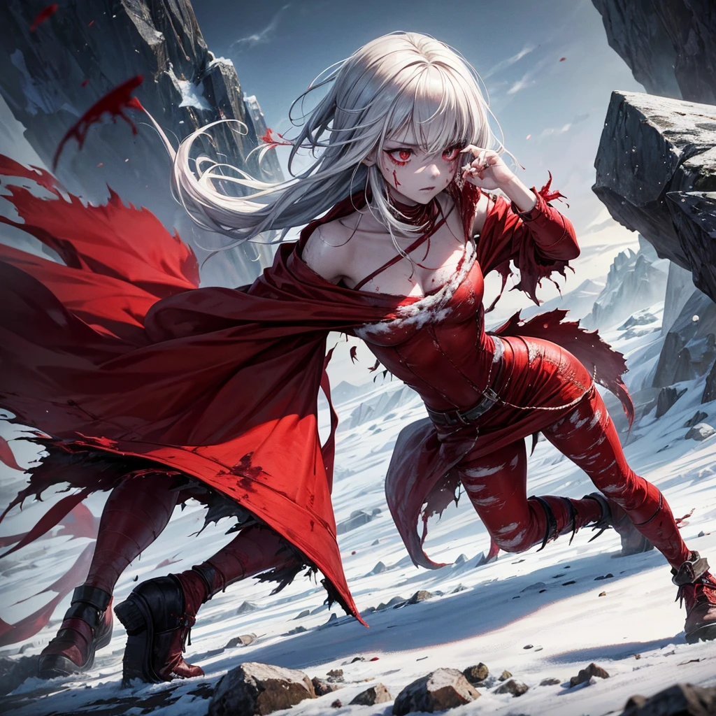 A woman with cuts on her skin and red in her eyes walking through the winter in a lonely mountain with torn clothes and blood marks, feeling pain inside