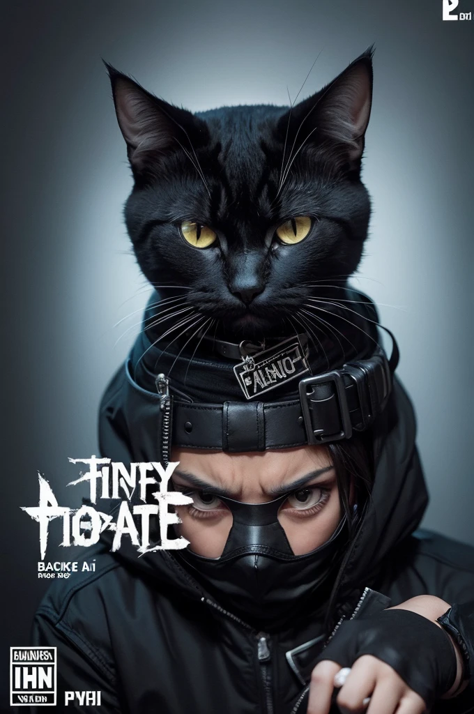 angry cat, black cover stamp on hand, Mask of death