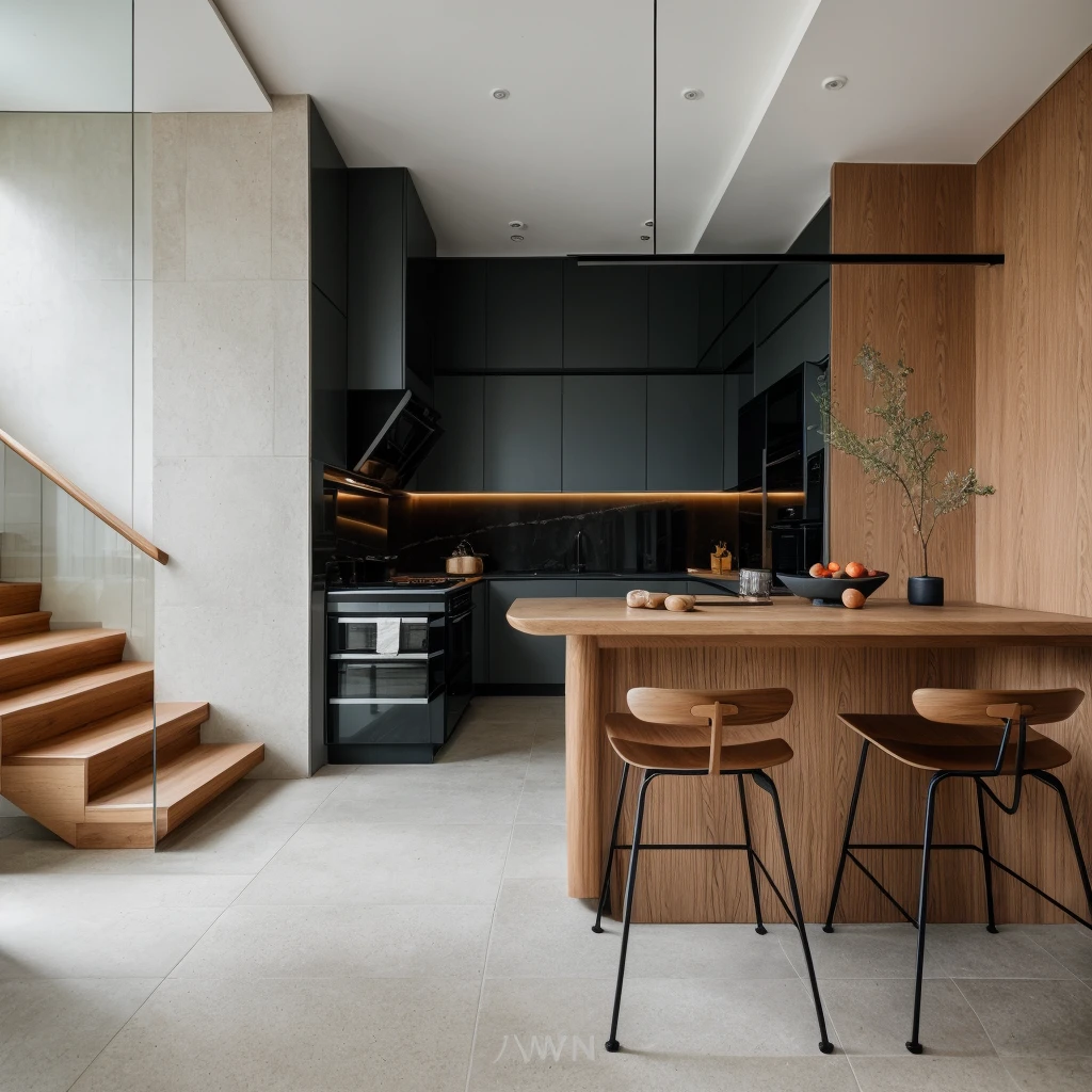 RAW photo, 8k uhd, dslr, soft lighting, high quality, film grain, Fujifilm XT3, interior of kitchen, modern style, black wood, black tile, sofa, table, chair, stair, tree, daylight,