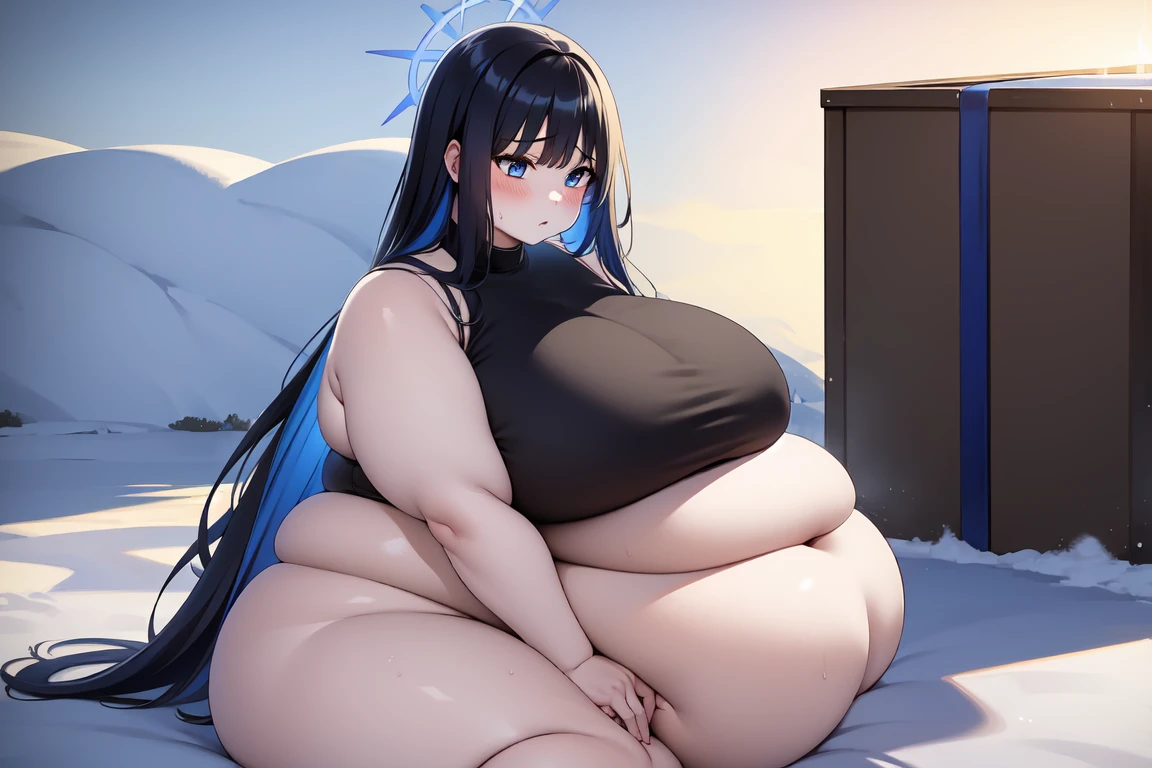 1girl,solo, saorijoumae, saori joumae, blue eyes, blue hair, halo, long hair, black clothes red parts, tall, ager, sitting on steel boxes, snowy plains, campfire, snow, gigantic breasts, naked , NSFW:1.3, fat, gigantic:1.3