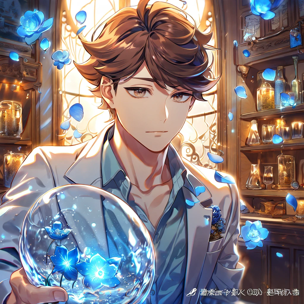 Ultra detailed, highres, absurdres, HDR, master piece, Oikawa Toru, brown hair, expressive brown eyes, light blue shirt, white jacket, Haikyuu, blue petals, sexy man, solo, best quality, blue blossoms, blue fireflies, fantasy, magical, handsome, blue moon, blue flowers, magic, water, glass