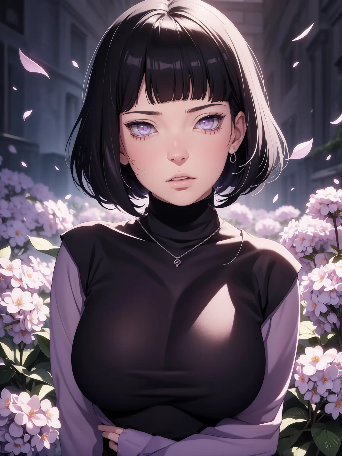 { - anatomy error} (Masterpiece - Ultra-detailed, very high resolution) (huge titusty, masterpiece, absurdres, hinata\(boruto\), 1girl, solo,mature female, lilac turtleneck blouse, black pant, looking at viewelling petals), perfect composition, detailed lips, big breast, beautiful face, body propotion, blush, (pink lips), short hair, (black hair), purple eyes, soft gaze, super realistic, detailed, photoshoot, realistic face and body, closed mouth , lilac eyes, upper body, hidden hands, perfect fingers, inocent face, dynamic poses