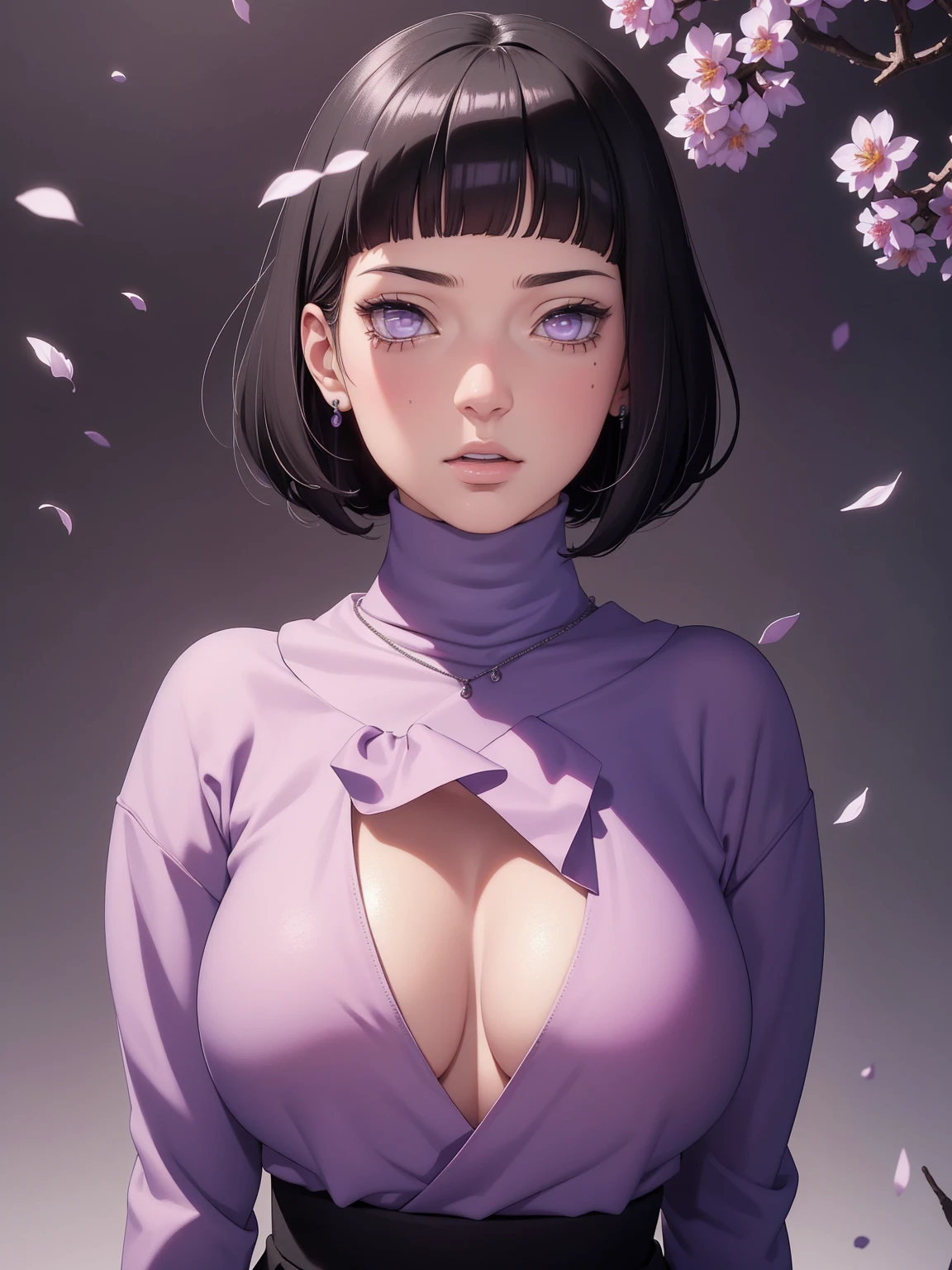 { - anatomy error} (Masterpiece - Ultra-detailed, very high resolution) (huge titusty, masterpiece, absurdres, hinata\(boruto\), 1girl, solo,mature female, lilac turtleneck blouse, black pant, looking at viewelling petals), perfect composition, detailed lips, big breast, beautiful face, body propotion, blush, (pink lips), short hair, (black hair), purple eyes, soft gaze, super realistic, detailed, photoshoot, realistic face and body, closed mouth , lilac eyes, upper body, hidden hands, perfect fingers, inocent face, dynamic poses