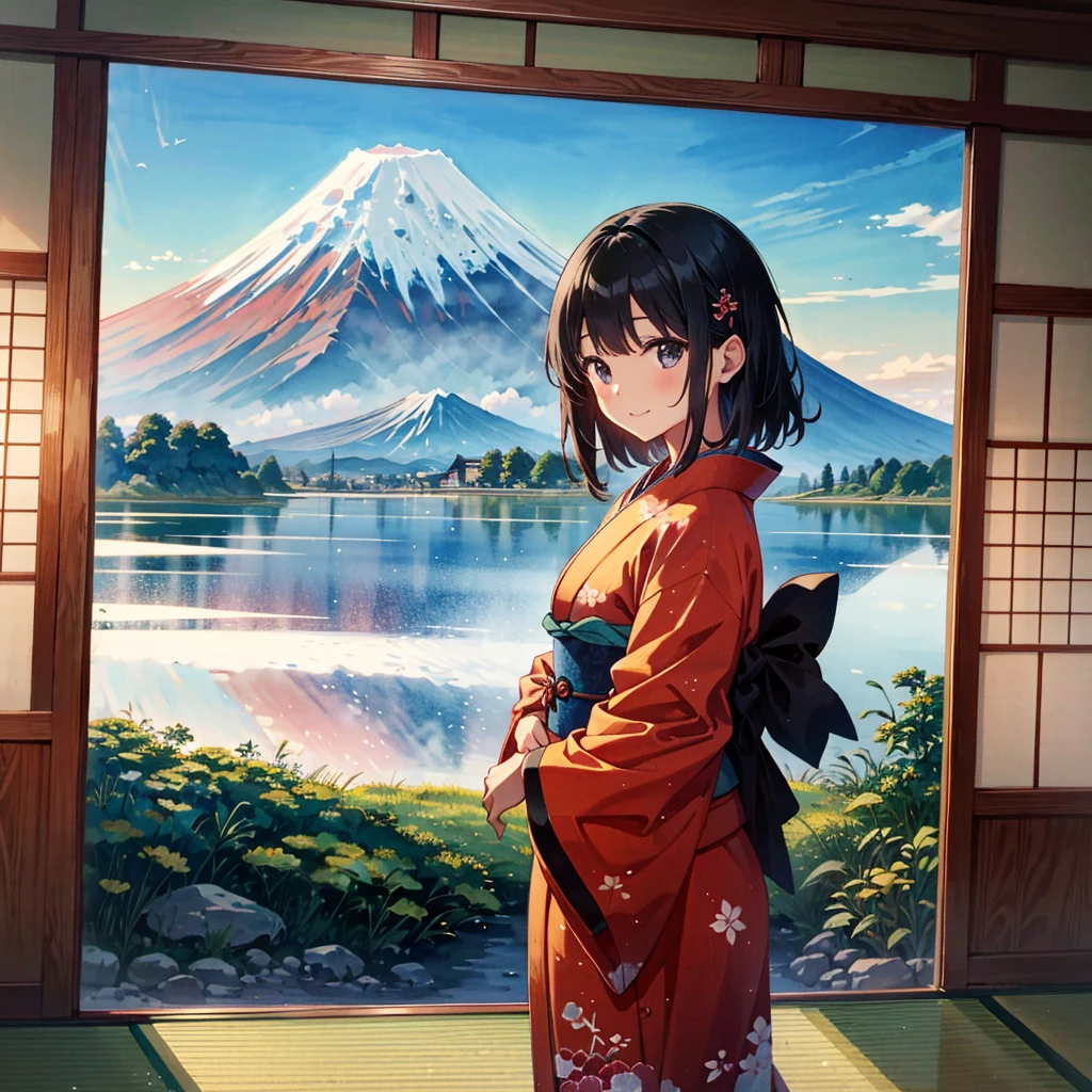absurdres, highres,
BREAK
girl wearing kimono, beautiful black straight hair, ukiyoe style, India-ink painting, watercolor, Mt Fuji and cloud in background, smile
BREAK