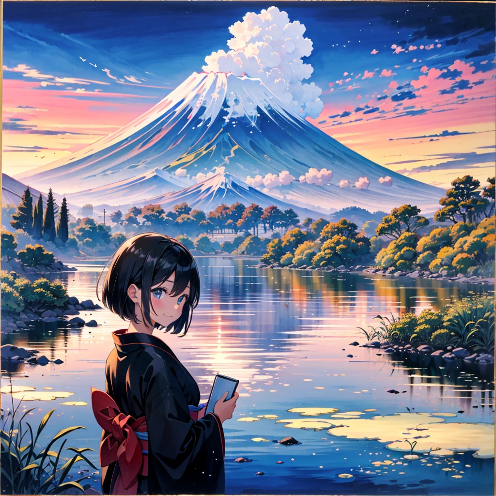 absurdres, highres,
BREAK
girl wearing kimono, beautiful black straight hair, ukiyoe style, India-ink painting, watercolor, Mt Fuji and cloud in background, smile
BREAK