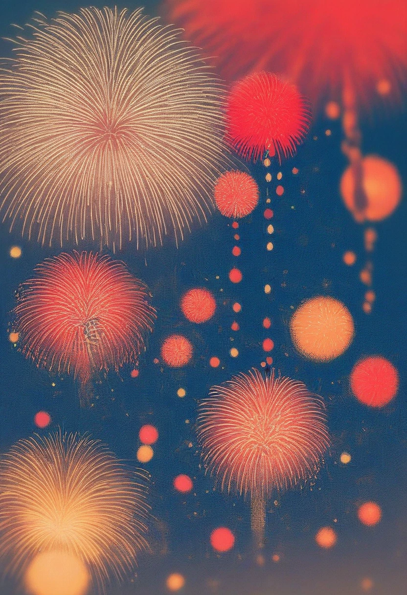 score_9, score_8_up, score_7_up, score_6_up, score_5_up, score_4_up, simple and cute, with simple and abstract characters, illustration style, 2.5D, delicate and dynamic depiction, solid black image, fireworks display with iridescent flashes, warm and gentle light effects, color effects of soft pastel colors and vivid colors