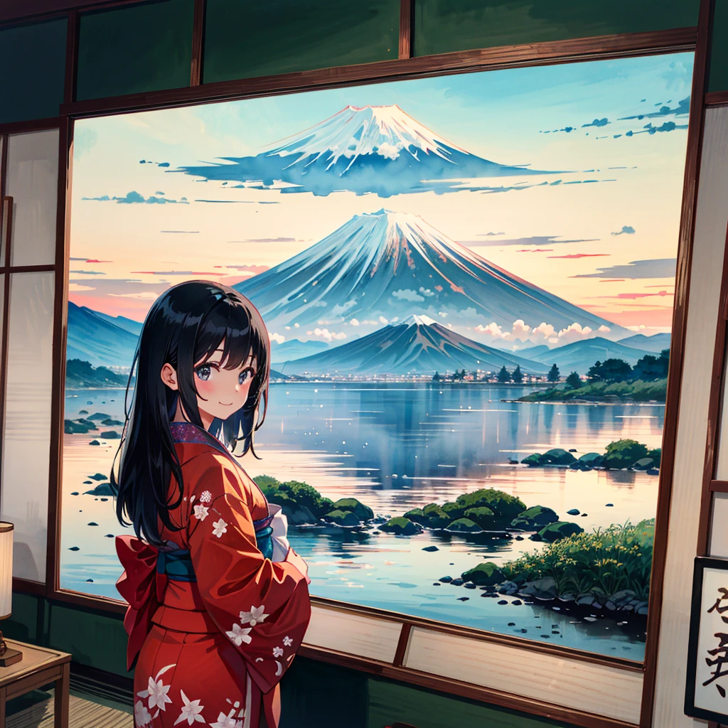 absurdres, highres,
BREAK
girl wearing kimono, beautiful black straight hair, ukiyoe style, India-ink painting, watercolor, Mt Fuji and cloud in background, smile
BREAK