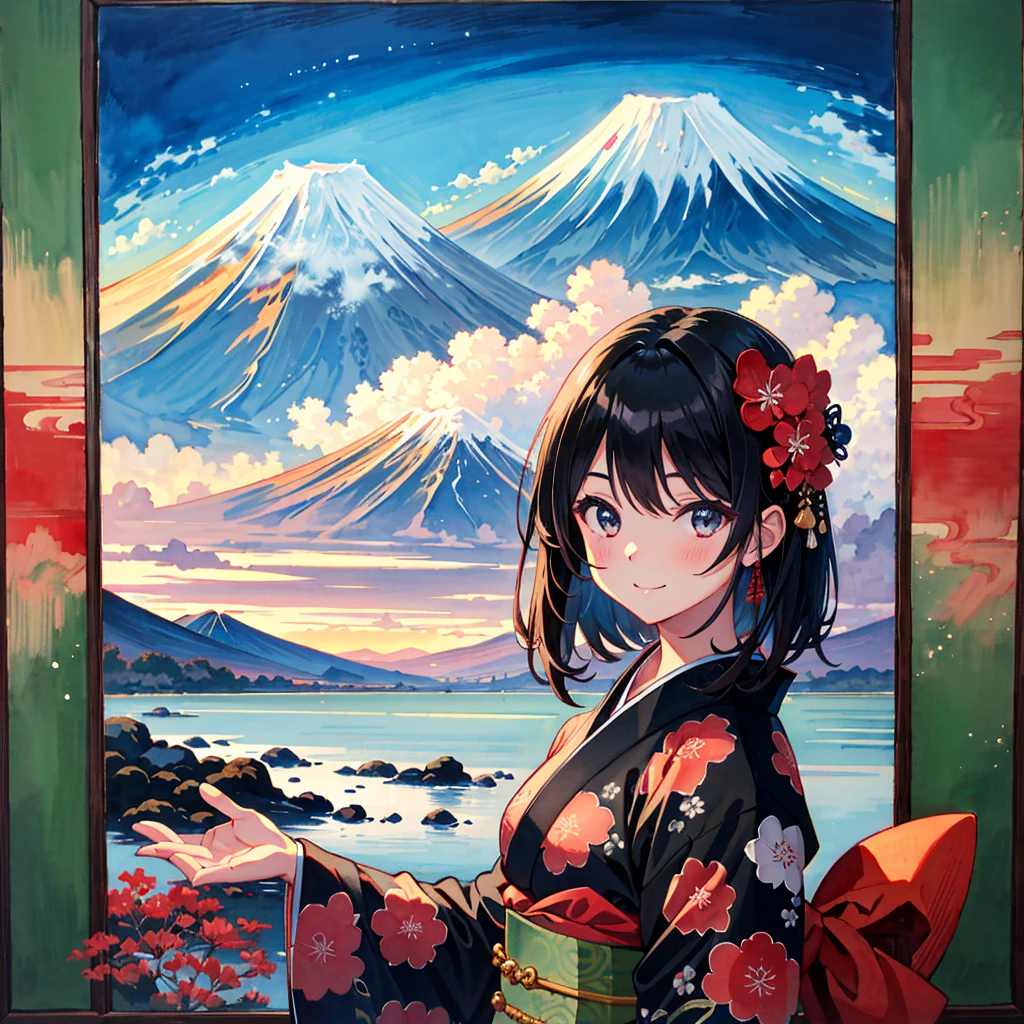 absurdres, highres,
BREAK
girl wearing kimono, beautiful black straight hair, ukiyoe style, India-ink painting, watercolor, Mt Fuji and cloud in background, smile
BREAK