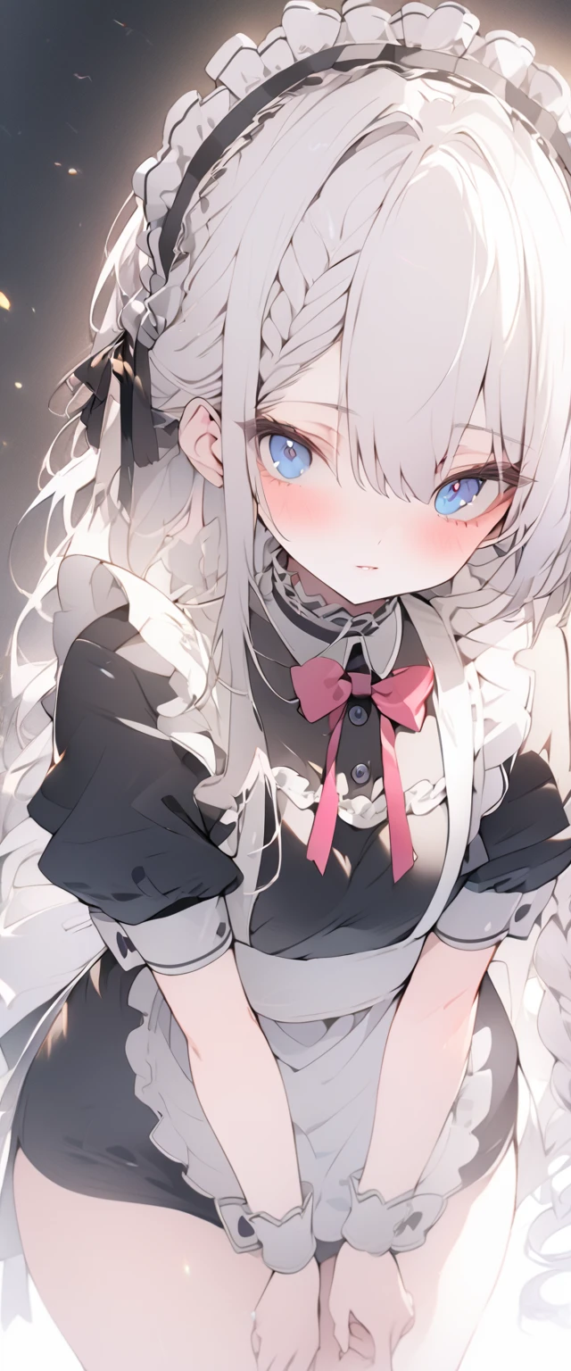 beautiful, masterpiece, Highest quality, anime, One girl, C Cup,Portrait Shot, View your viewers, Covered、Long Hair、nearby、Blue Eyes、art、、White hair,black streaked hair, dark atmosphere、Thighs、Braid、Bunny Maid