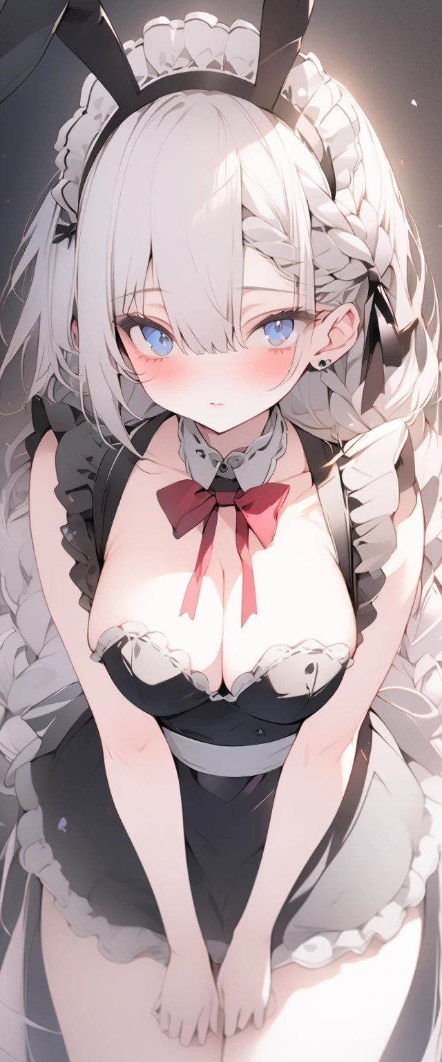 beautiful, masterpiece, Highest quality, anime, One girl, C Cup,Portrait Shot, View your viewers, Covered、Long Hair、nearby、Blue Eyes、art、、White hair,black streaked hair, dark atmosphere、Thighs、Braid、Bunny Maid